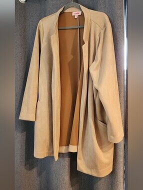 EVRI Tan Faux Suede Open Front Overcoat Jacket 1X Minimalist Neutral Fall Suede